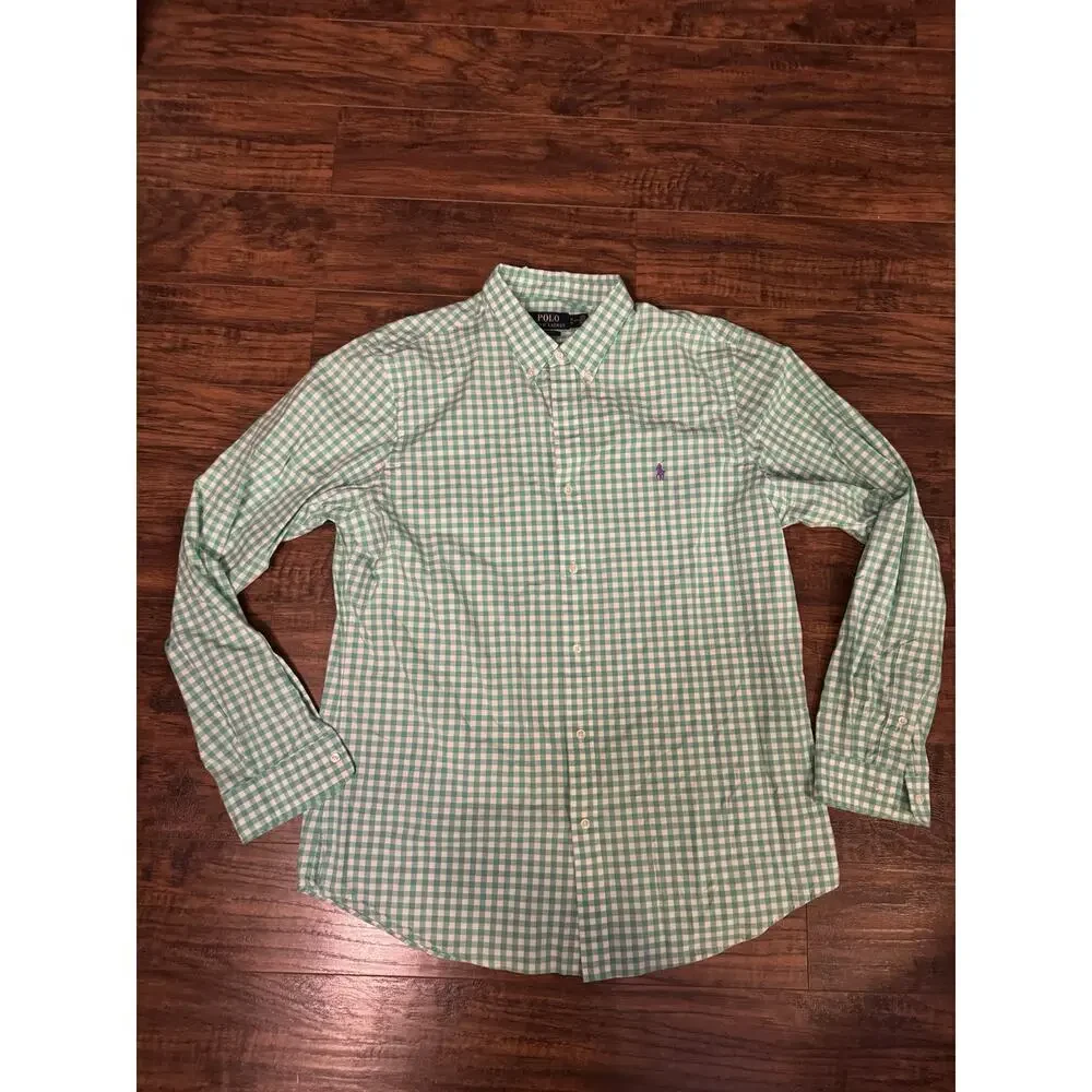 POLO RALPH LAUREN Slim Fit Green White Long Sleeve Cotton Casual Shirt Sz XL